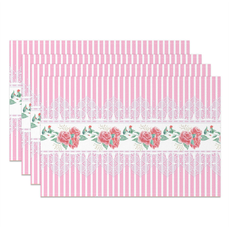 Aperturee - Pink Floral Leaves Repeat Stripe Set Of 4 Placemats