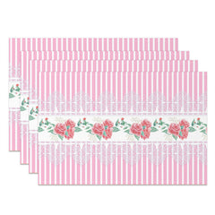 Aperturee - Pink Floral Leaves Repeat Stripe Set Of 4 Placemats