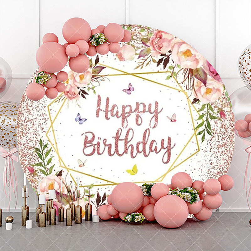 Aperturee - Pink Floral Leaves Spring Round Birthday Backdrop