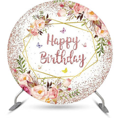 Aperturee - Pink Floral Leaves Spring Round Birthday Backdrop