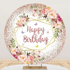 Aperturee - Pink Floral Leaves Spring Round Birthday Backdrop