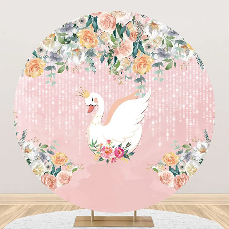 Aperturee - Pink Floral Leaves Swan Round Backdrop For Birthday