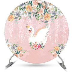 Aperturee - Pink Floral Leaves Swan Round Backdrop For Birthday