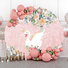 Aperturee - Pink Floral Leaves Swan Round Backdrop For Birthday