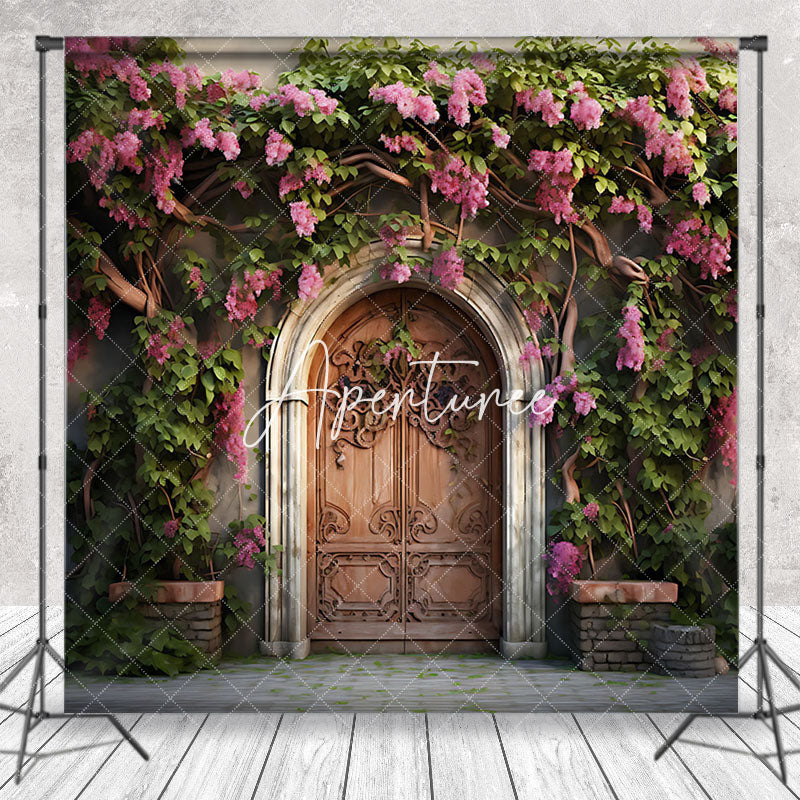 Aperturee - Pink Floral Leaves Vine Door Spring Photo Backdrop