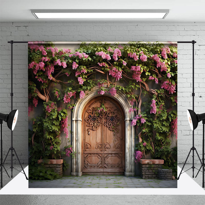 Aperturee - Pink Floral Leaves Vine Door Spring Photo Backdrop