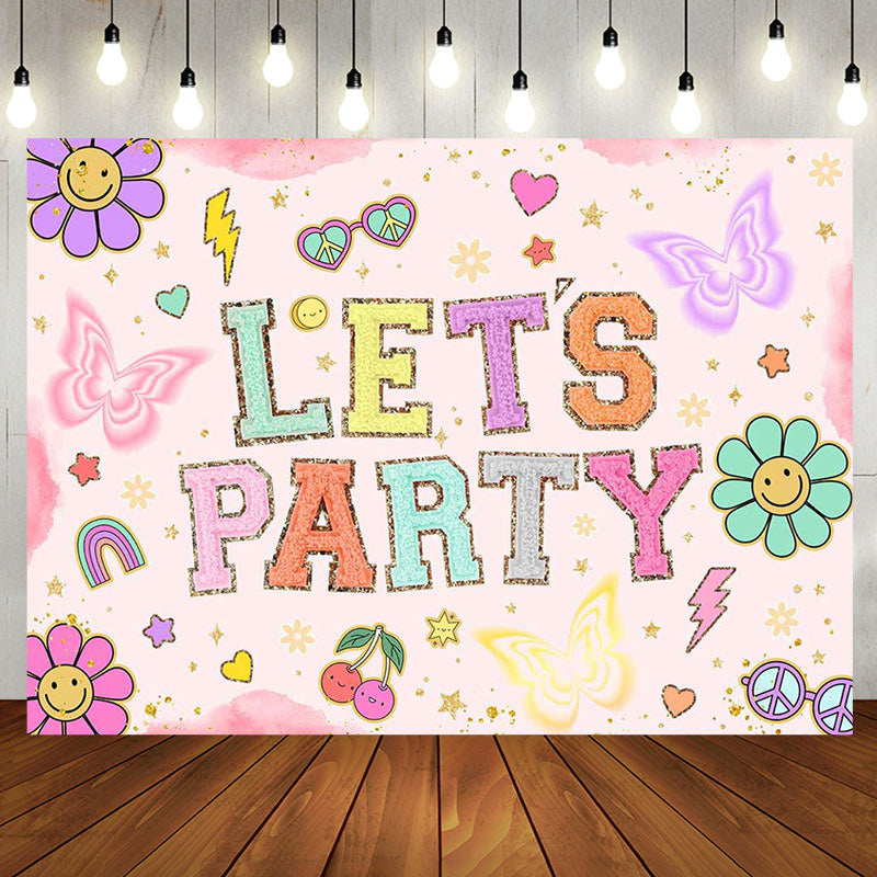 Aperturee - Pink Floral Lets Party Butterfly Birthday Backdrop