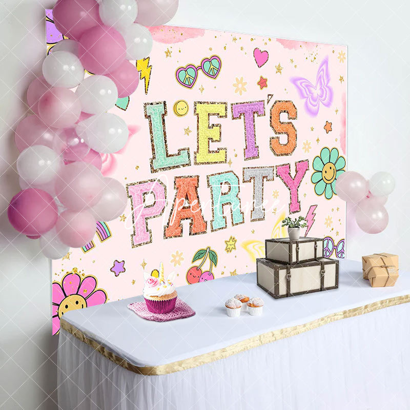 Aperturee - Pink Floral Lets Party Butterfly Birthday Backdrop