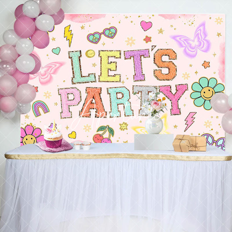 Aperturee - Pink Floral Lets Party Butterfly Birthday Backdrop