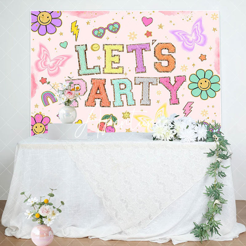 Aperturee - Pink Floral Lets Party Butterfly Birthday Backdrop