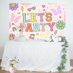 Aperturee - Pink Floral Lets Party Butterfly Birthday Backdrop