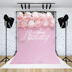 Aperturee - Pink Floral Light Happy Wedding Anniversary Backdrop