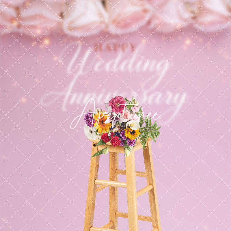 Aperturee - Pink Floral Light Happy Wedding Anniversary Backdrop