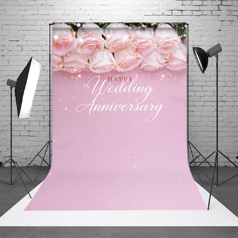 Aperturee - Pink Floral Light Happy Wedding Anniversary Backdrop