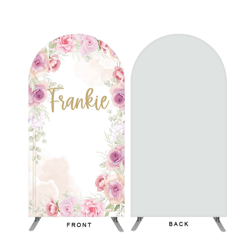 Aperturee - Pink Floral Light Khaki Bridal Shower Double Sided Arch Backdrop