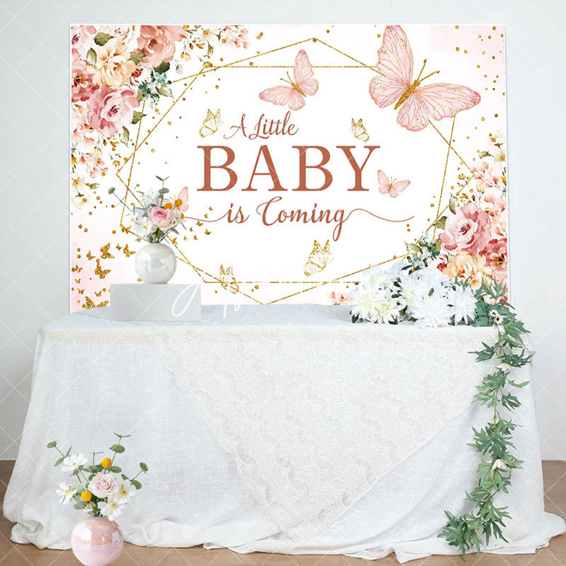 Aperturee - Pink Floral Little Baby Coming Baby Shower Backdrop