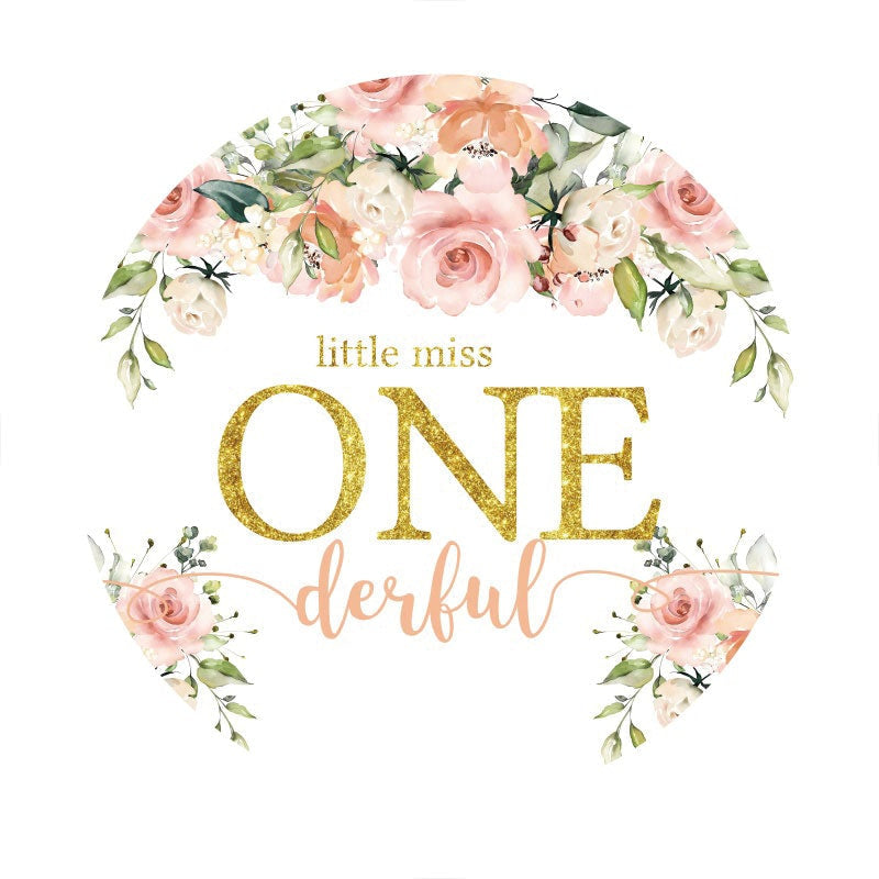 Aperturee - Pink Floral Little Miss One Derflu Round Birthday Backdrop