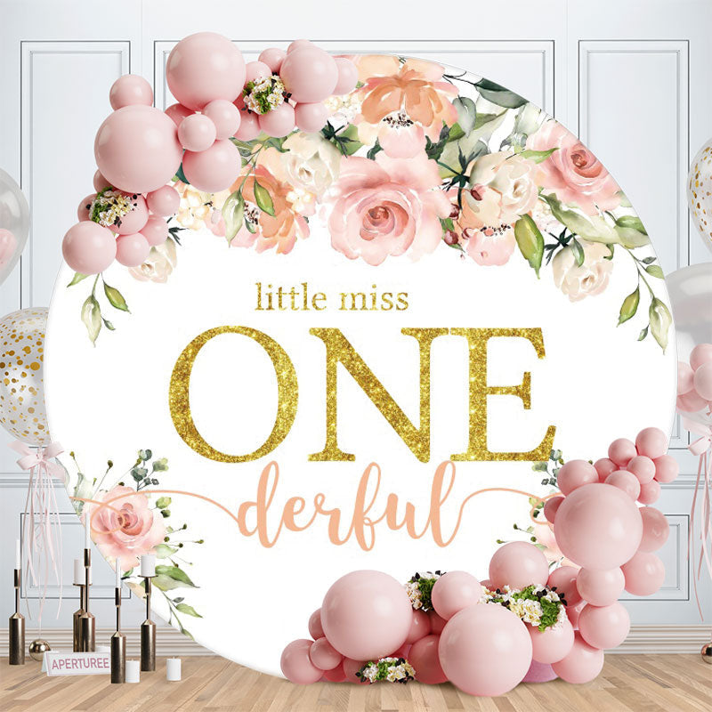 Aperturee - Pink Floral Little Miss One Derflu Round Birthday Backdrop