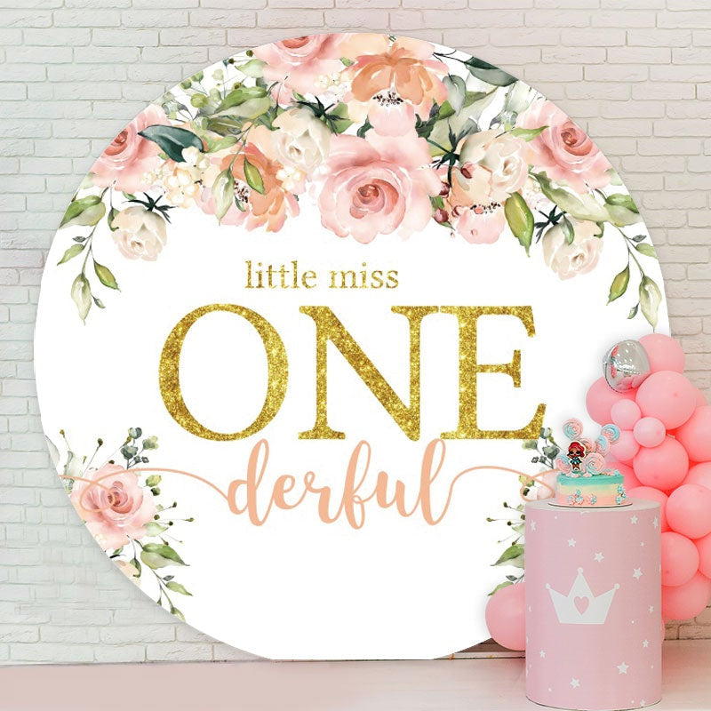 Aperturee - Pink Floral Little Miss One Derflu Round Birthday Backdrop