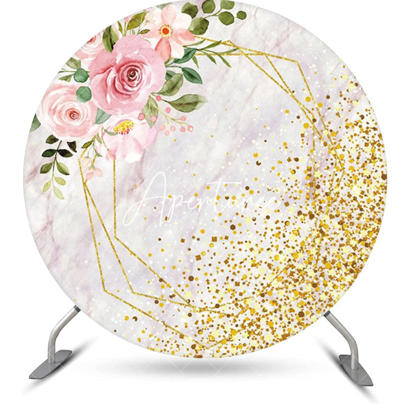 Aperturee - Pink Floral Marble Golden Round Birthday Backdrop