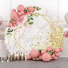 Aperturee - Pink Floral Marble Golden Round Birthday Backdrop