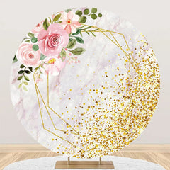 Aperturee - Pink Floral Marble Golden Round Birthday Backdrop