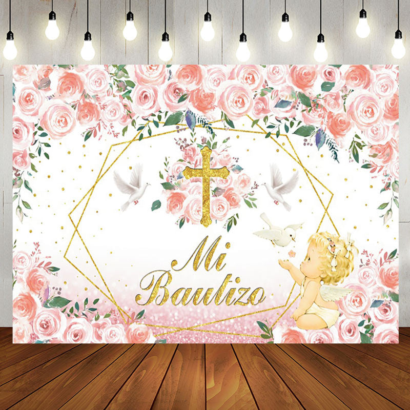 Aperturee - Pink Floral Mi Bautizo Angel Baptism Backdrop