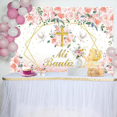 Aperturee - Pink Floral Mi Bautizo Angel Baptism Backdrop