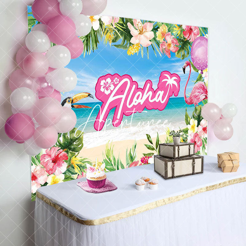 Aperturee - Pink Floral Monstera Sand Beach Baby Shower Backdrop