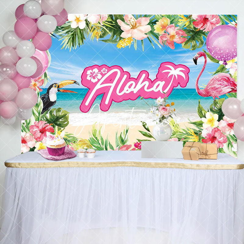 Aperturee - Pink Floral Monstera Sand Beach Baby Shower Backdrop