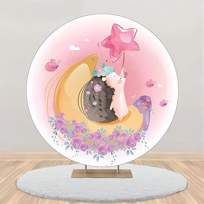 Aperturee - Pink Floral Moon Hedgehog Round Birthday Backdrop