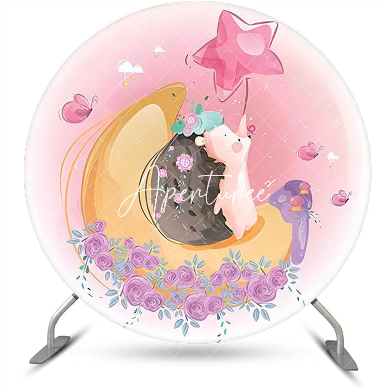 Aperturee - Pink Floral Moon Hedgehog Round Birthday Backdrop