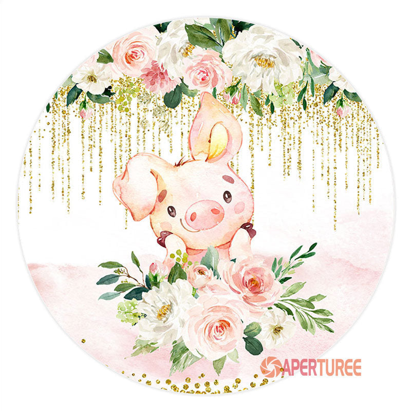 Aperturee - Pink Floral Pig Lovely Circle Birthday Backdrop