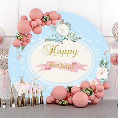 Aperturee - Pink Floral Pumpkin Blue Round Birthday Backdrop