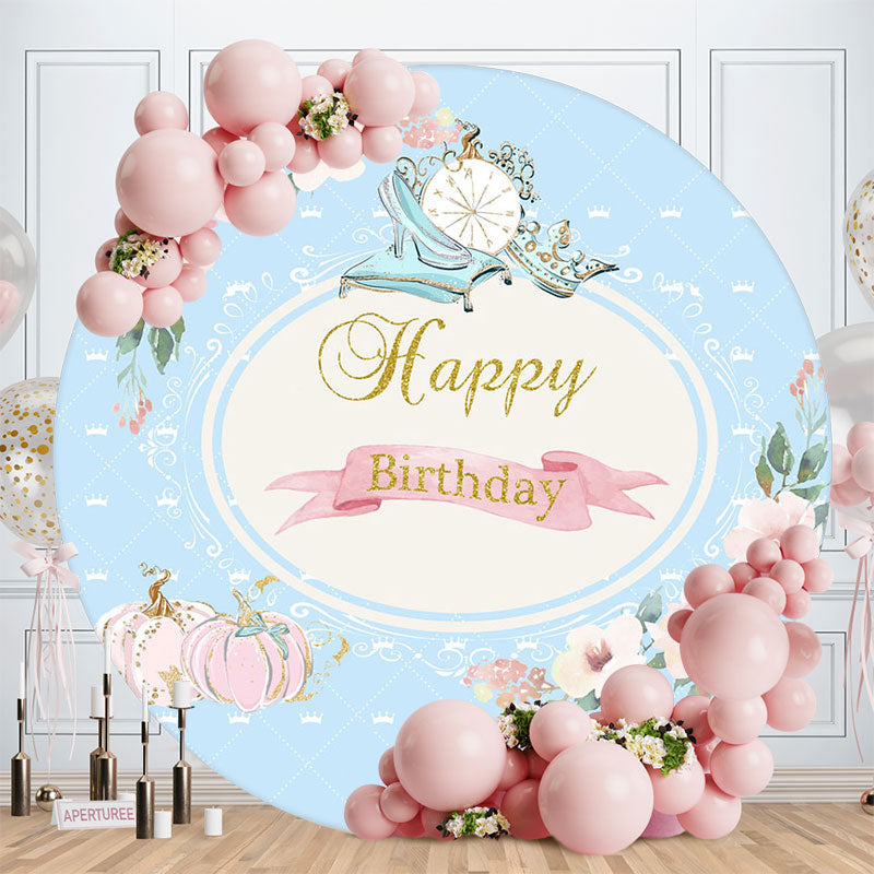 Aperturee - Pink Floral Pumpkin Blue Round Birthday Backdrop