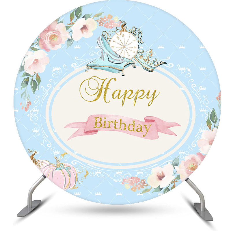 Aperturee - Pink Floral Pumpkin Blue Round Birthday Backdrop