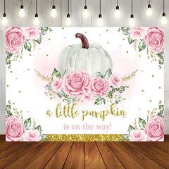 Aperturee - Pink Floral Pumpkin On The Way Backdrop for Baby Shower