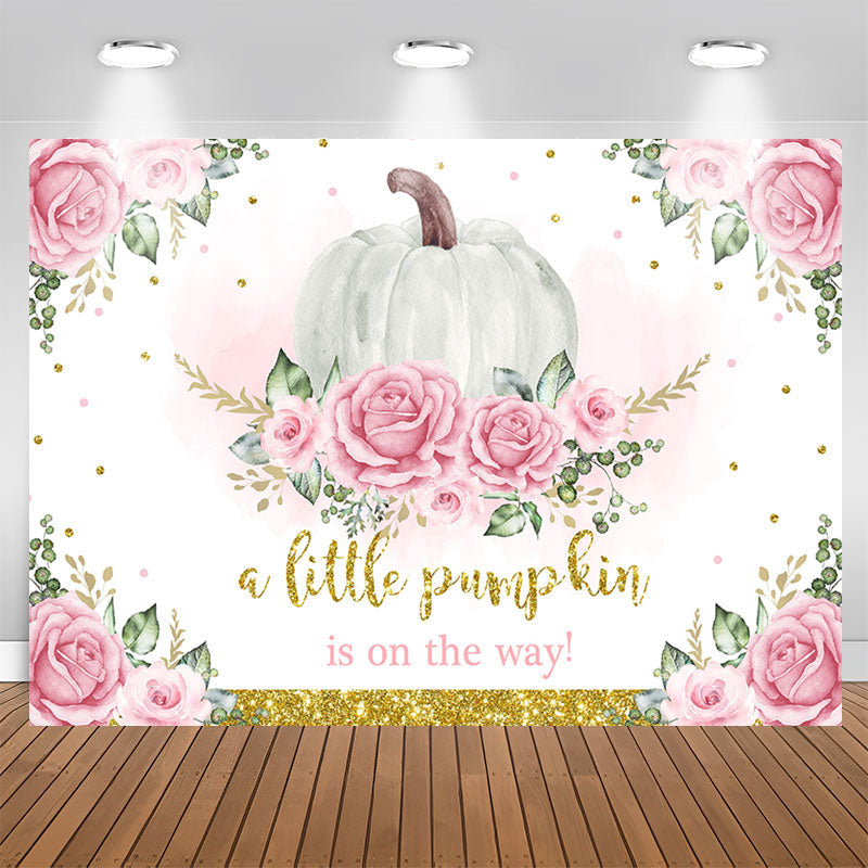 Aperturee - Pink Floral Pumpkin On The Way Backdrop for Baby Shower