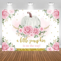 Aperturee - Pink Floral Pumpkin On The Way Backdrop for Baby Shower