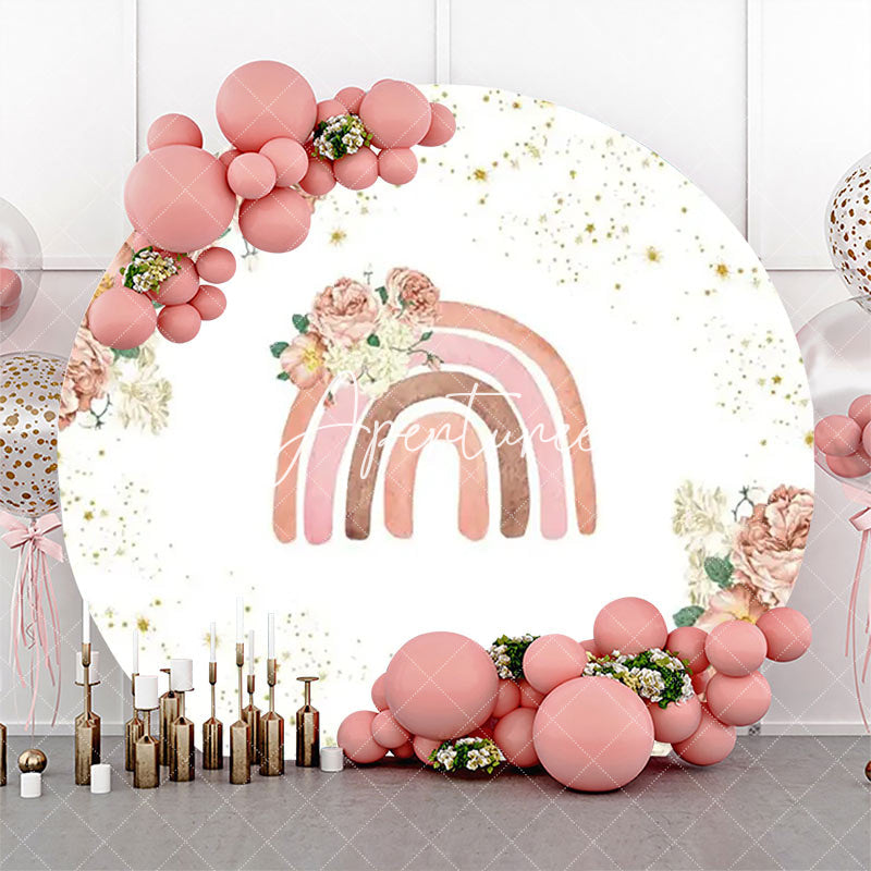 Aperturee - Pink Floral Rainbow Boho Round Backdrop For Birthday