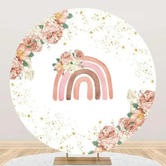 Aperturee - Pink Floral Rainbow Boho Round Backdrop For Birthday