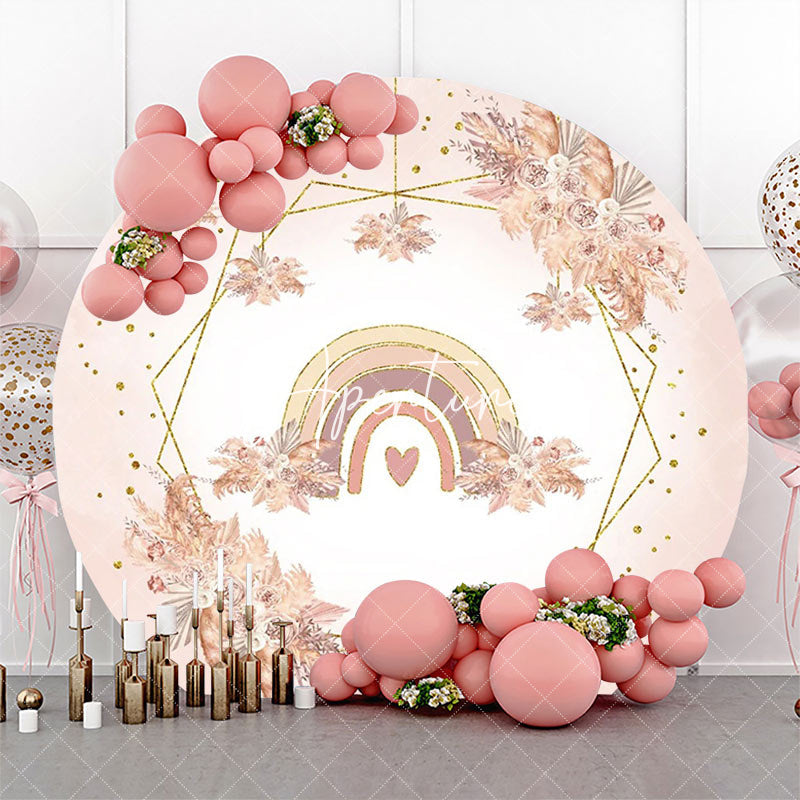 Aperturee - Pink Floral Rainbow Boho Round Birthday Backdrop