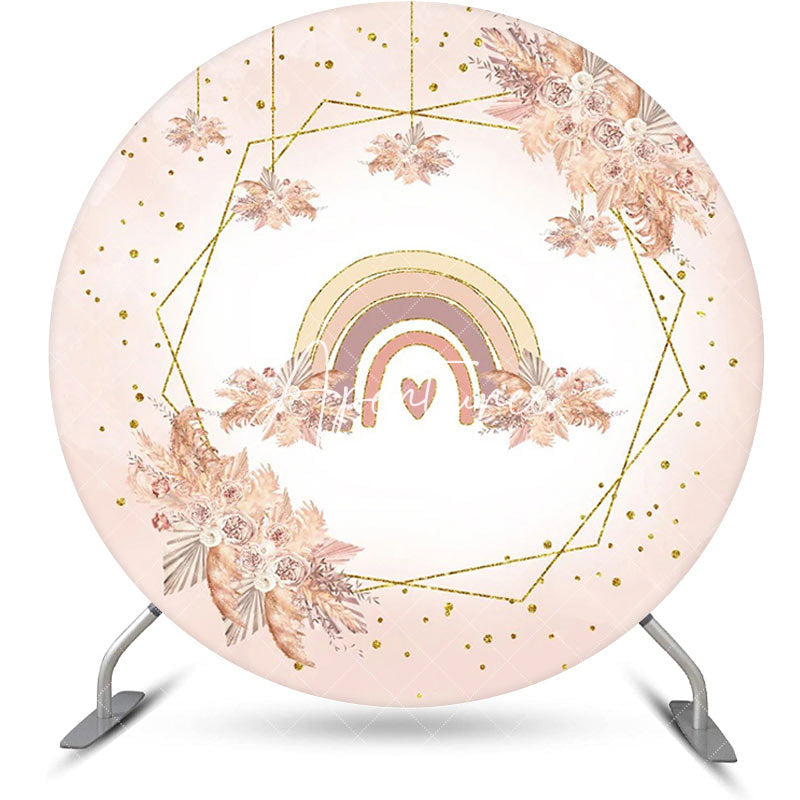 Aperturee - Pink Floral Rainbow Boho Round Birthday Backdrop