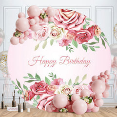 Aperturee - Pink Floral Round Happy Birthday Backdrop For Girl