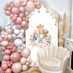 Aperturee - Pink Floral Safari Animals Baby Shower Arch Backdrop