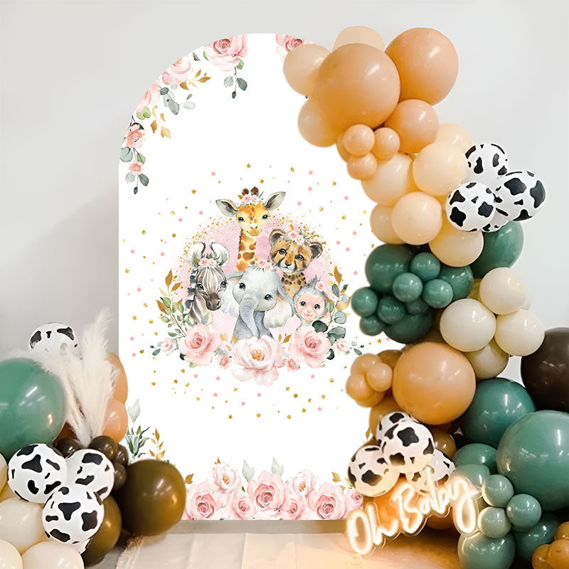 Aperturee - Pink Floral Safari Animals Baby Shower Arch Backdrop