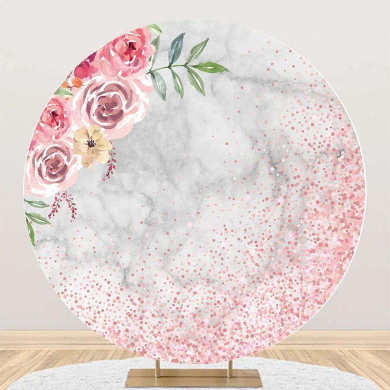 Aperturee - Pink Floral Sequin Marble Round Birthday Backdrop