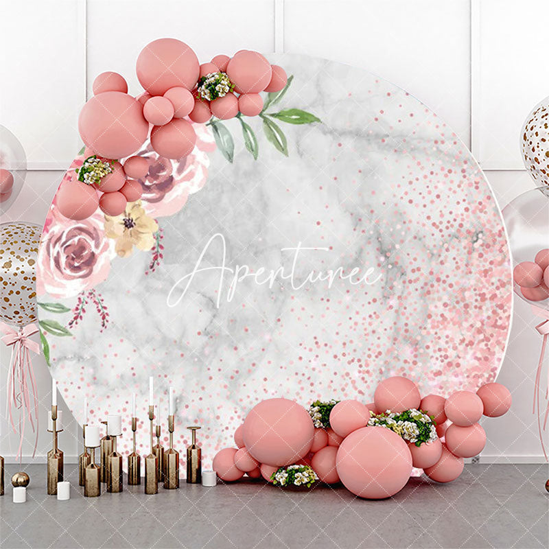 Aperturee - Pink Floral Sequin Marble Round Birthday Backdrop