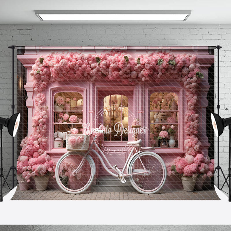 Aperturee - Pink Floral Shop Bike Spring Backdrop For Photograph