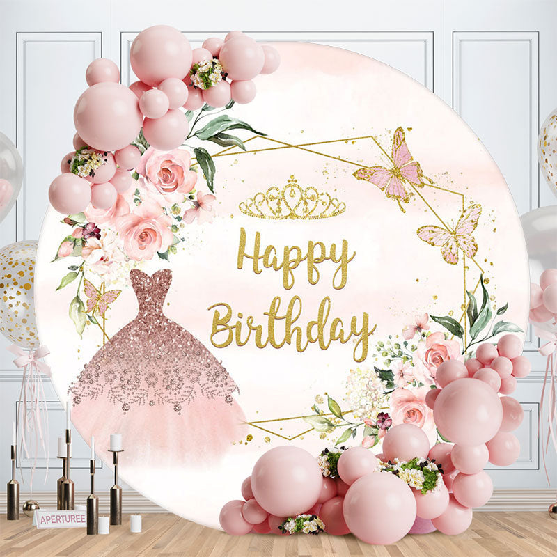 Aperturee - Pink Floral Sparkling Dress Round Birthday Backdrop